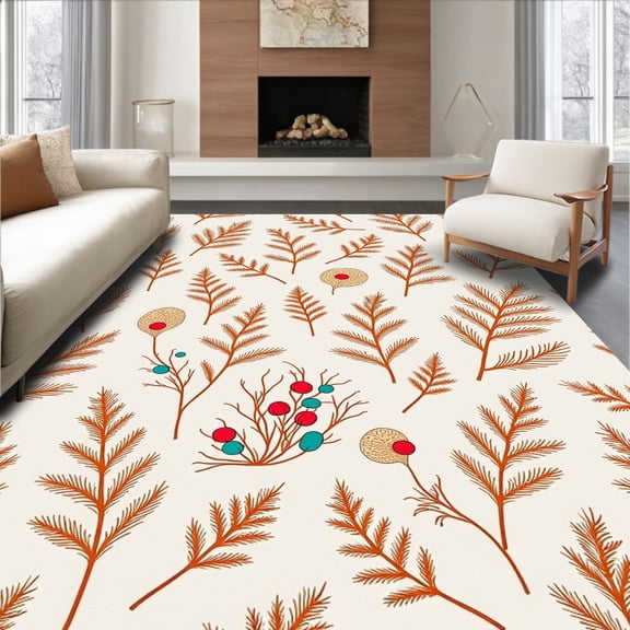 ODIKA 5x7 Machine Washable Non-Slip Area Rug, Festive Juniper Branch Holiday High Traffic Rug, Brown, 608066