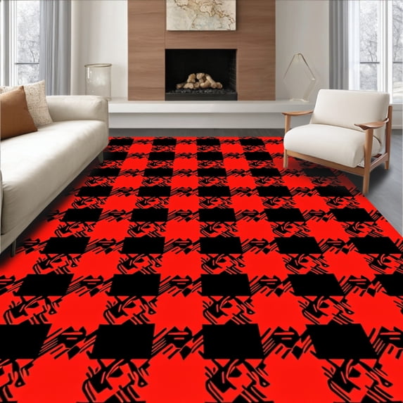 ODIKA 5'x7' Machine Washable Non-Slip Area Rug, Festive Nordic Stripe with Interlocking Buffalo Check High Traffic Rug with Pad, Red, 610585