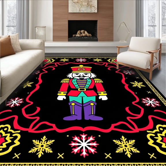 ODIKA 5x7 Machine Washable Non-Slip Area Rug, Festive Nutcracker Scene with Snowflake Motif and Ribbon Details High Traffic Rug, Black, 645852