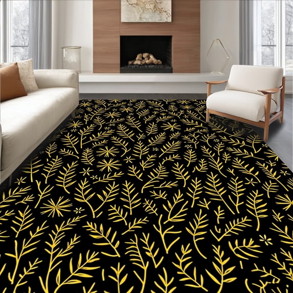 ODIKA 5'x7' Machine Washable Non-Slip Area Rug, Festive Pine Branches and Snowflake Interlocking Holiday Welcome Art High Traffic Rug with Pad, Black, 738268