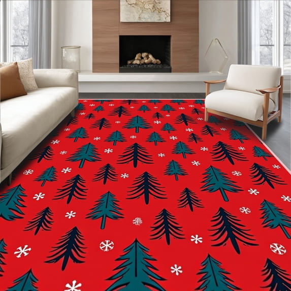ODIKA 5'x7' Machine Washable Non-Slip Area Rug, Festive Pine Forest Snowflake Holiday Bathroom with Hooks High Traffic Rug with Pad, Red, 638645