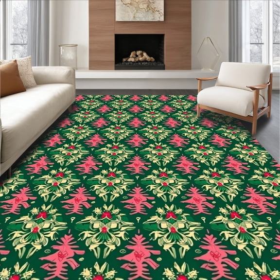 ODIKA 5x7 Machine Washable Non-Slip Area Rug, Festive Pinecone and Holly Berry Decorative Motif High Traffic Rug, Green, 646176