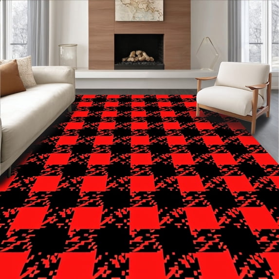 ODIKA 5'x7' Machine Washable Non-Slip Area Rug, Festive Plaid Holiday Duo with Classic Check High Traffic Rug with Pad, Red, 627564