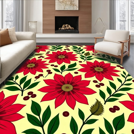 ODIKA 5'x7' Machine Washable Non-Slip Area Rug, Festive Poinsettia Bloom Indoor Floor Covering with Floral Accents High Traffic Rug with Pad, Red, 502126