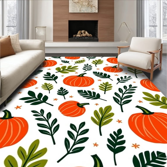 ODIKA 5'x7' Machine Washable Non-Slip Area Rug, Festive Pumpkin Patch Embroidery Design With Whimsical Autumn Leaves High Traffic Rug, Orange, 738779