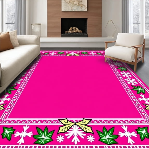 ODIKA 5x7 Machine Washable Non-Slip Area Rug, Festive Santa Claus Joyful Sleigh with Snowflake Accents Christmas Design High Traffic Rug, Pink, 739881