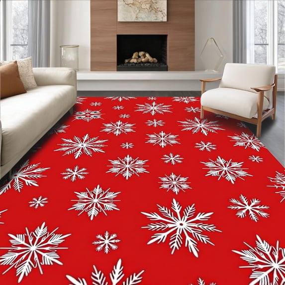 ODIKA 5'x7' Machine Washable Non-Slip Area Rug, Festive Snowflake Celebration Accent Holiday Hearth Decoration High Traffic Rug with Pad, Red, 605666