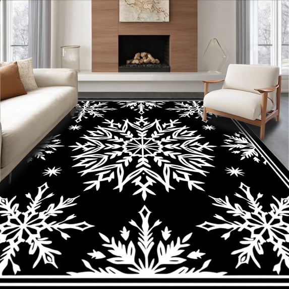 ODIKA 5'x7' Machine Washable Non-Slip Area Rug, Festive Snowflake Crystal Holiday Celebration Decorative High Traffic Rug with Pad, Black, 733376