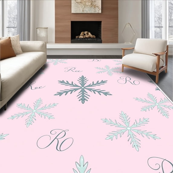 ODIKA 5'x7' Machine Washable Non-Slip Area Rug, Festive Snowflake Ensemble with Elegant and Delicate Swirls High Traffic Rug with Pad, Pink, 736018