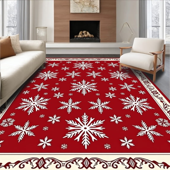 ODIKA 5'x7' Machine Washable Non-Slip Area Rug, Festive Snowflake Hearth Accent Winter Holiday Decoration High Traffic Rug with Pad, Red, 506211
