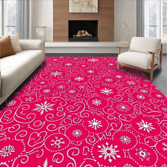 ODIKA 5'x7' Machine Washable Non-Slip Area Rug, Festive Snowflake Swirl Winter Wonderland Decorative Accent High Traffic Rug, Pink, 613690