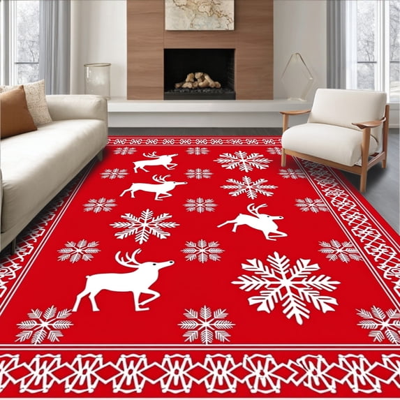 ODIKA 5'x7' Machine Washable Non-Slip Area Rug, Festive Snowflake and Elk Motif with Interlocking Pine Trees Accent High Traffic Rug, Red, 623241