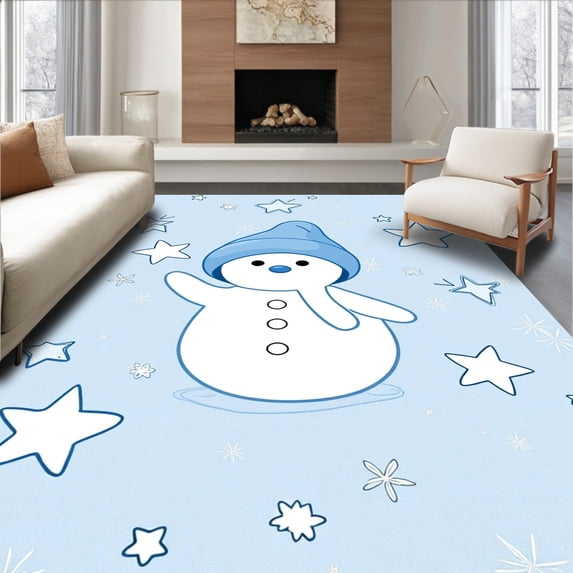 ODIKA 5'x7' Machine Washable Non-Slip Area Rug, Festive Snowman with Twinkling Scatter Design High Traffic Rug, Blue, 626706