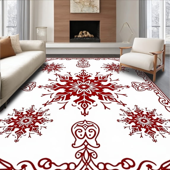 ODIKA 5'x7' Machine Washable Non-Slip Area Rug, Festive Starburst Motif with Interlaced Snowflake Embellishments High Traffic Rug with Pad, Red, 507730