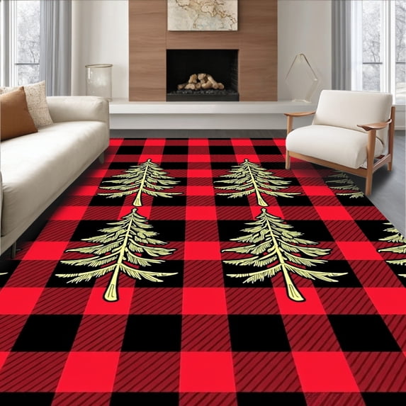 ODIKA 5'x7' Machine Washable Non-Slip Area Rug, Festive Tartan Lattice Plaid with Interlocking Winter Pine Motifs High Traffic Rug with Pad, Red, 617144