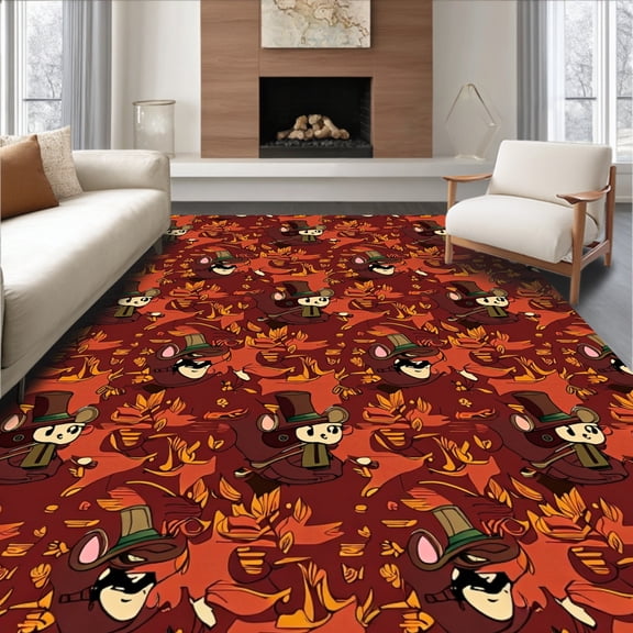 ODIKA 5'x7' Machine Washable Non-Slip Area Rug, Festive Thanksgiving Mouse Character Welcome with Fall Foliage High Traffic Rug, Brown, 605285