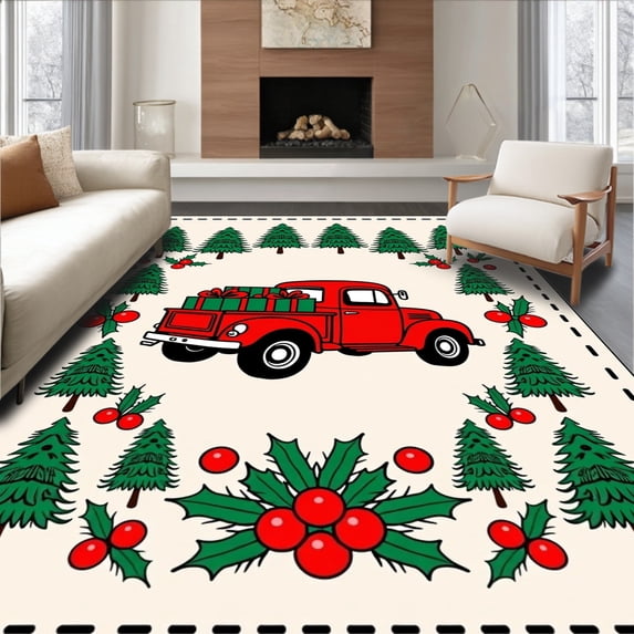 ODIKA 5'x7' Machine Washable Non-Slip Area Rug, Festive Truck Parade with Snowy Pines and Holiday Baubles Motif High Traffic Rug with Pad, Red, 622647