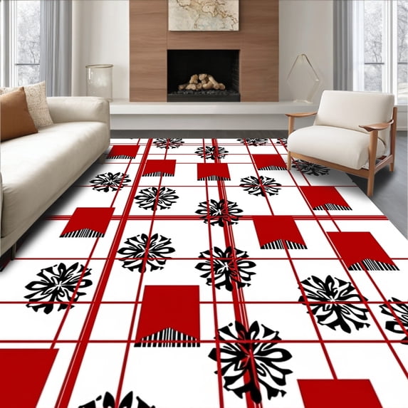 ODIKA 5'x7' Machine Washable Non-Slip Area Rug, Festive Winter Hearth Checkered Welcome Surface High Traffic Rug with Pad, Red, 615859