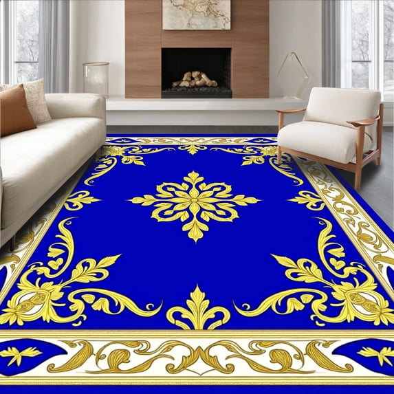ODIKA 5'x7' Machine Washable Non-Slip Area Rug, Floral Damask Heritage Luxe Palatial Baroque Scroll Embellished High Traffic Rug with Pad, Blue, 585857