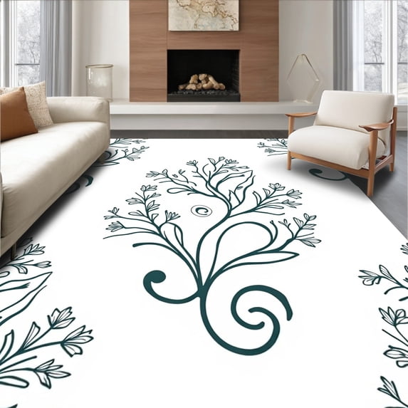 ODIKA 5'x7' Machine Washable Non-Slip Area Rug, Floral Scroll Passage with Delicate Blossom Arrangements High Traffic Rug with Pad, White, 536285