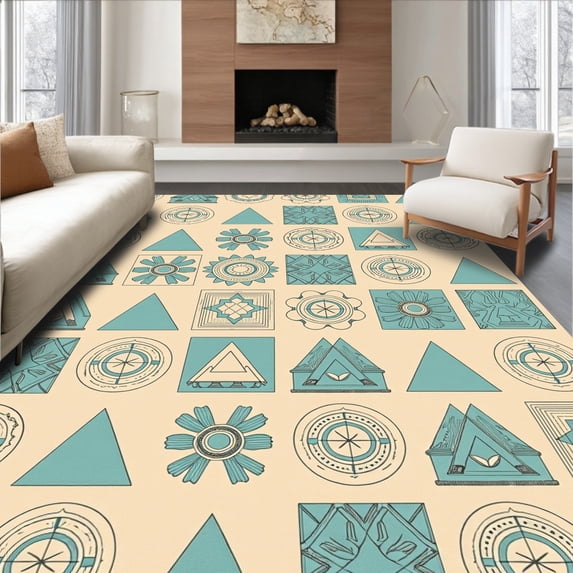 ODIKA 5'x7' Machine Washable Non-Slip Area Rug, Folkloric Hideaway with Mountain Explorer Imagery High Traffic Rug with Pad, Beige, 683210