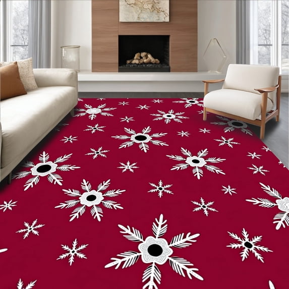 ODIKA 5'x7' Machine Washable Non-Slip Area Rug, Frosty Snowflake Wonderland Charm Enchanted Magical High Traffic Rug, Red, 651548