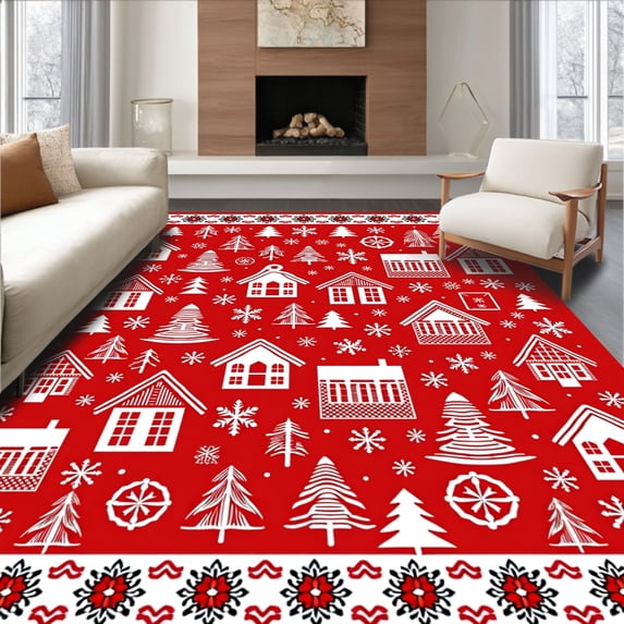 ODIKA 5'x7' Machine Washable Non-Slip Area Rug, Frosty Village Evening Fireside Gathering Celebration High Traffic Rug, Red, 629906