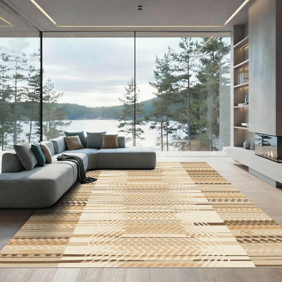 ODIKA 5'x7' Machine Washable Non-Slip Area Rug, Geometric Beige High Traffic Rug, Beige, 1025638