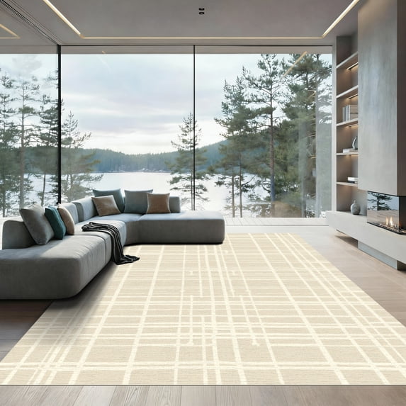 ODIKA 5x7 Machine Washable Non-Slip Area Rug, Geometric Beige High Traffic Rug, Beige, 1038901