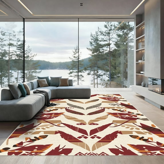 ODIKA 5'x7' Machine Washable Non-Slip Area Rug, Geometric Beige High Traffic Rug, Beige, 1083759