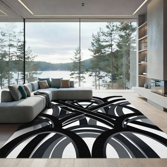 ODIKA 5'x7' Machine Washable Non-Slip Area Rug, Geometric Black High Traffic Rug, Black, 1102020