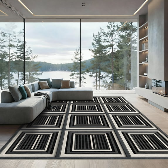 ODIKA 5'x7' Machine Washable Non-Slip Area Rug, Geometric Black High Traffic Rug, Black, 1106050