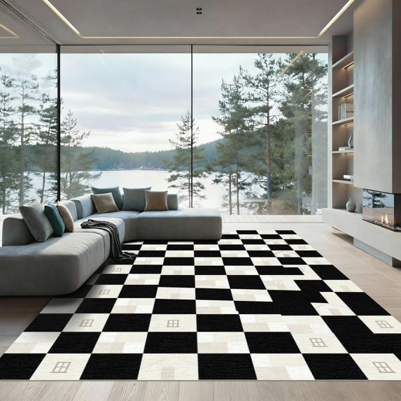 ODIKA 5'x7' Machine Washable Non-Slip Area Rug, Geometric Black High Traffic Rug, Black, 966817