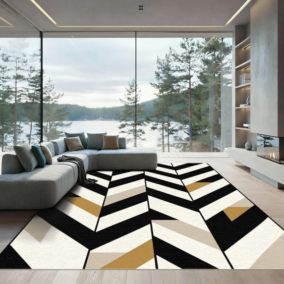 ODIKA 5'x7' Machine Washable Non-Slip Area Rug, Geometric Black High Traffic Rug, White, 1067324