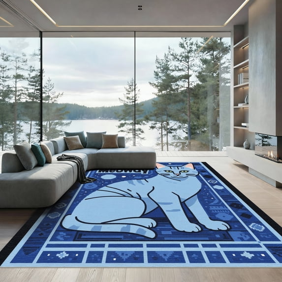 ODIKA 5'x7' Machine Washable Non-Slip Area Rug, Geometric Blue High Traffic Rug with Pad, Blue, 1051993