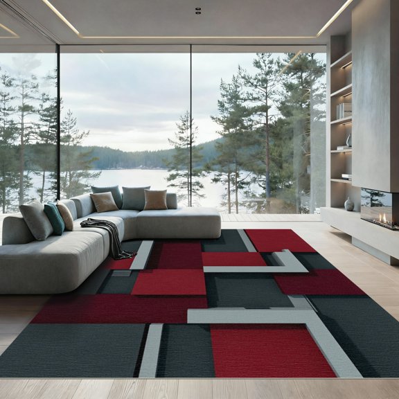 ODIKA 5'x7' Machine Washable Non-Slip Area Rug, Geometric Dark Grey High Traffic Rug, Grey, 1279348
