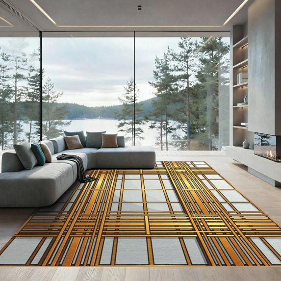 ODIKA 5'x7' Machine Washable Non-Slip Area Rug, Geometric Gold High Traffic Rug, Gold, 977329