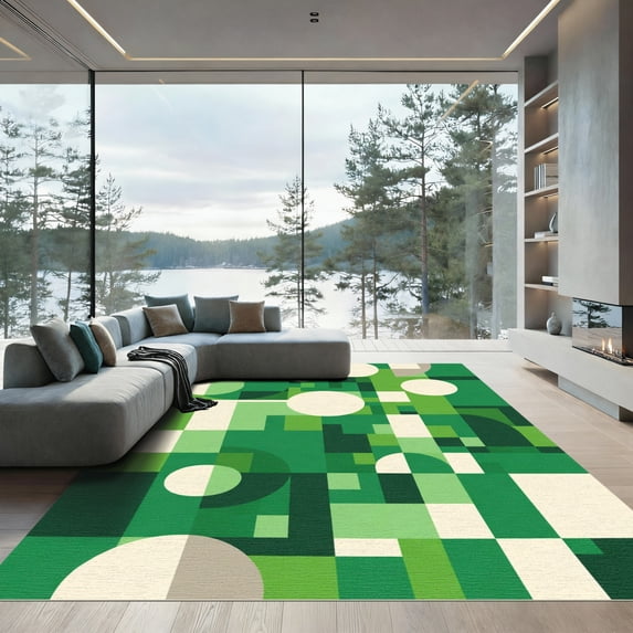 ODIKA 5'x7' Machine Washable Non-Slip Area Rug, Geometric Green High Traffic Rug, Green, 1077918