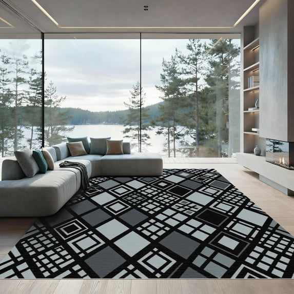 ODIKA 5'x7' Machine Washable Non-Slip Area Rug, Geometric Grey High Traffic Rug, Grey, 1247499
