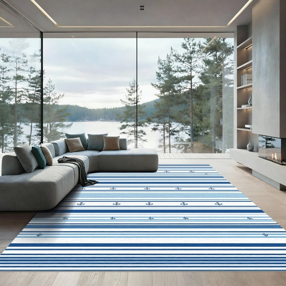 ODIKA 5'x7' Machine Washable Non-Slip Area Rug, Geometric Navy Blue High Traffic Rug, Blue, 1051549