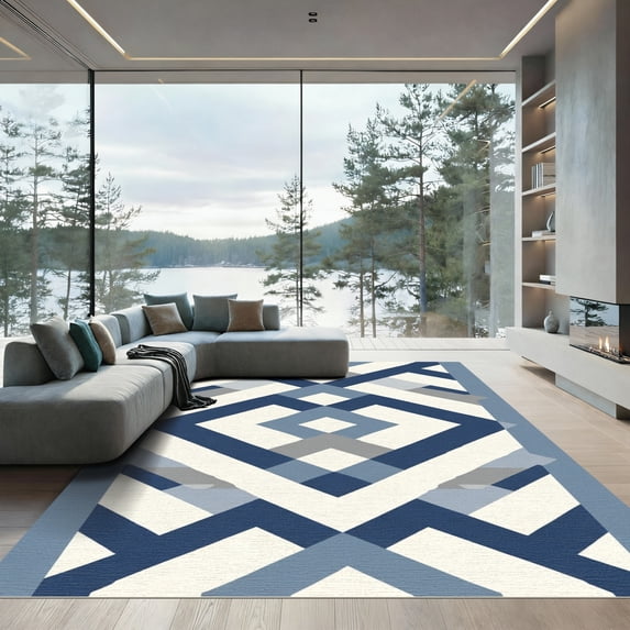 ODIKA 5'x7' Machine Washable Non-Slip Area Rug, Geometric Navy Blue High Traffic Rug, Blue, 1055755