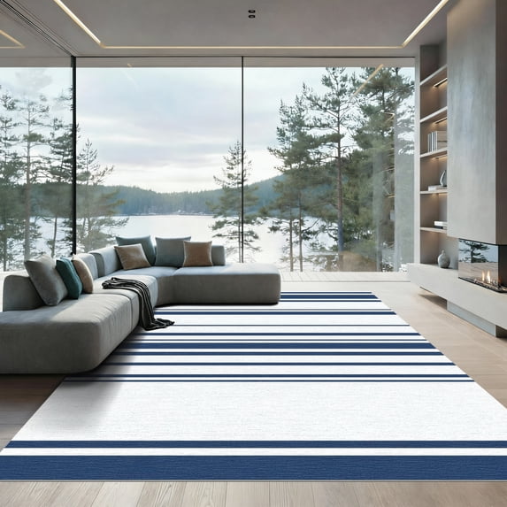ODIKA 5'x7' Machine Washable Non-Slip Area Rug, Geometric Navy Blue High Traffic Rug, Blue, 1057129