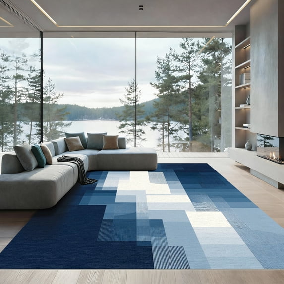 ODIKA 5'x7' Machine Washable Non-Slip Area Rug, Geometric Navy Blue High Traffic Rug, Blue, 1071919