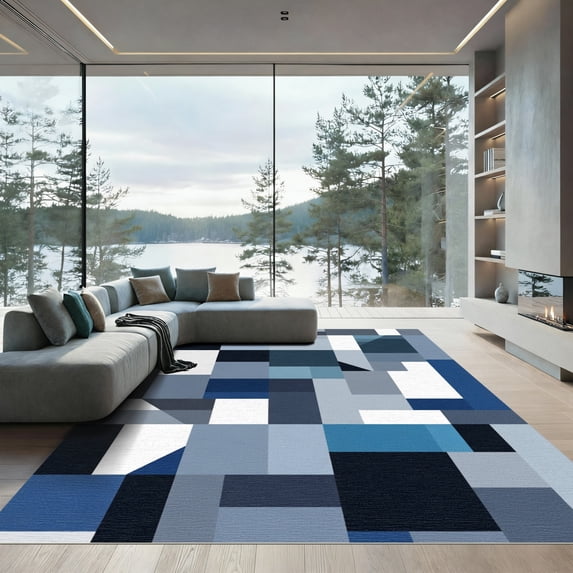 ODIKA 5'x7' Machine Washable Non-Slip Area Rug, Geometric Navy Blue High Traffic Rug with Pad, Blue, 1060733