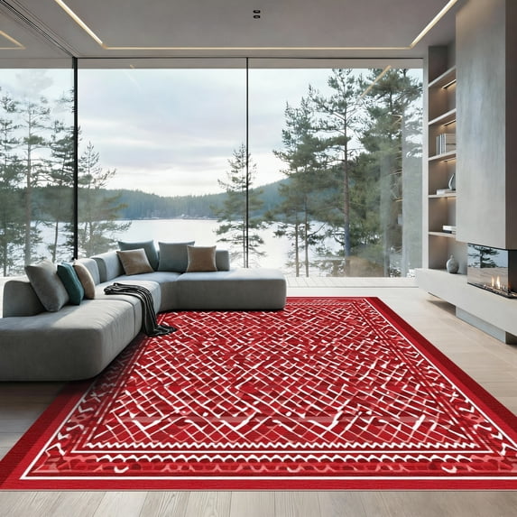 ODIKA 5'x7' Machine Washable Non-Slip Area Rug, Geometric Red High Traffic Rug, Red, 1097573