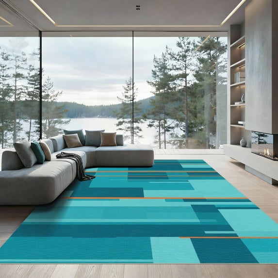 ODIKA 5'x7' Machine Washable Non-Slip Area Rug, Geometric Teal High Traffic Rug, Blue, 1033612