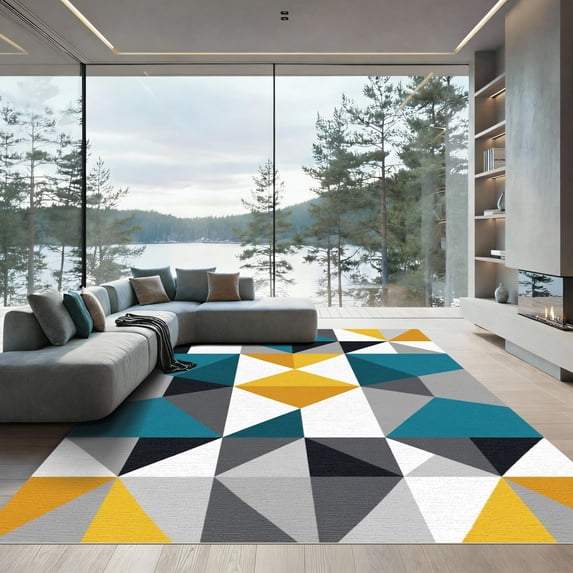 ODIKA 5'x7' Machine Washable Non-Slip Area Rug, Geometric Teal High Traffic Rug, Blue, 1051550