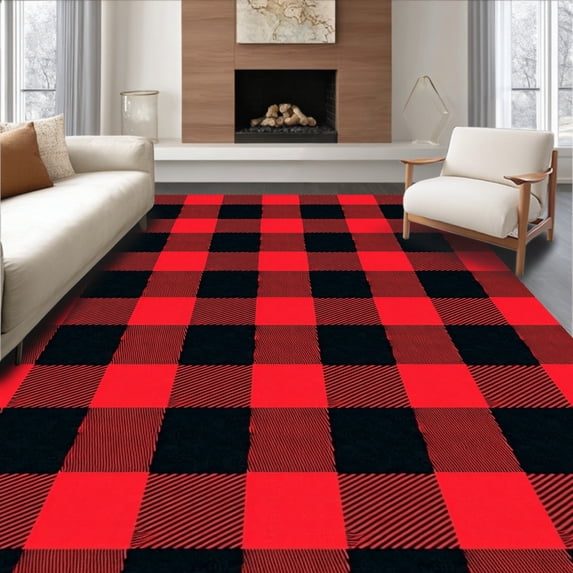 ODIKA 5'x7' Machine Washable Non-Slip Area Rug, Gingham Front Step Greeting Seasonal Hearth High Traffic Rug, Red, 622558