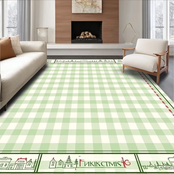 ODIKA 5x7 Machine Washable Non-Slip Area Rug, Gingham Winter Village with Cane Stripe Borders High Traffic Rug, Green, 628611