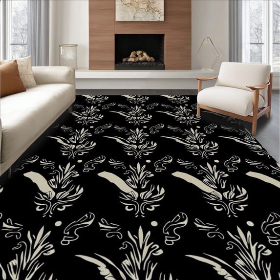 ODIKA 5'x7' Machine Washable Non-Slip Area Rug, Gothic Bat with Interlocking Ornate Filigree High Traffic Rug, Black, 514483